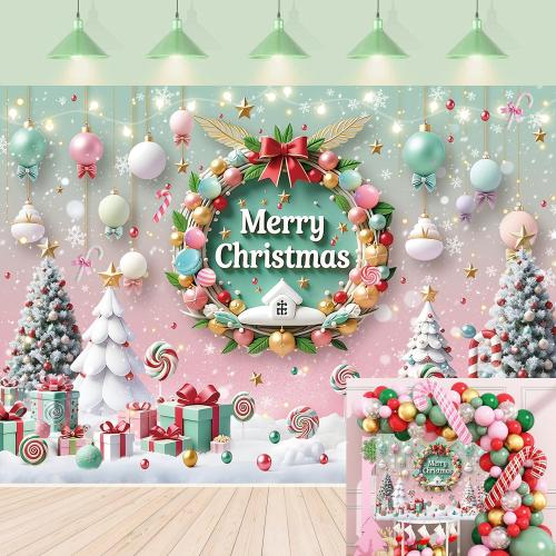 Merry Christmas Backdrop Cartoon Xmas Tree Garland Photography Background Xmas New Year  (8x6FT)