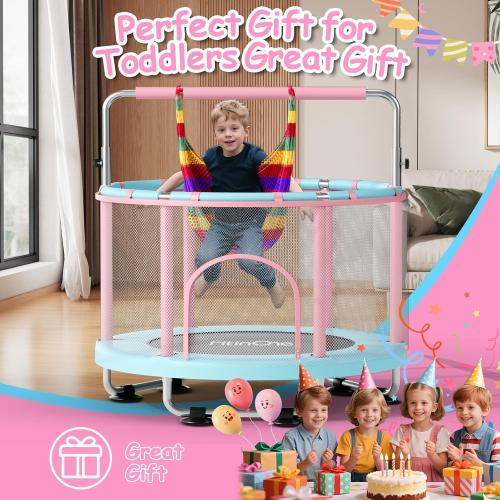 55 Toddler Mini Trampoline for Kids, Indoor Outdoor Toys with Swing, 440lbs Baby Kids Trampoline, Gymnastics Bar, Birthday Gifts for Boy Girl Age 1-8