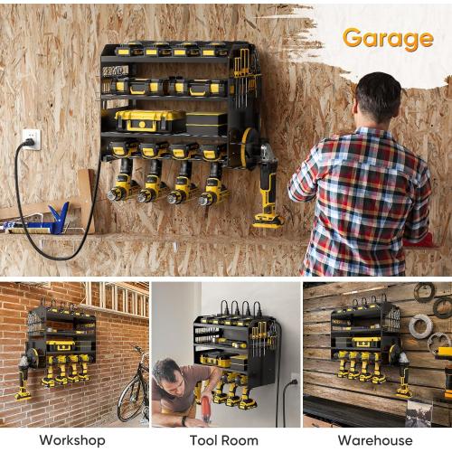POKIPO Power Tool Organizer Wall Mount with Charging Station,Tool Storage Rack with 8 Outlet Power Strip,Heavy Duty Metal Battery Utility Rack with 4 Cordless Drill Holder 6.56 Ft Cord for Garage