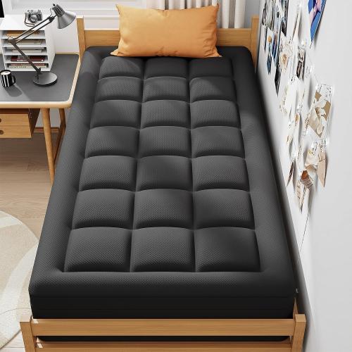Black Twin Size ELEMUSE Dual Layer 3 Inch Memory Foam Mattress Topper Twin, 2 Inch Cooling Gel Memory Foam Plus 1 Inch Down Alternative Pillowtop Mattress Pad with Cooling Cover, Soft Comfort Support, Black
