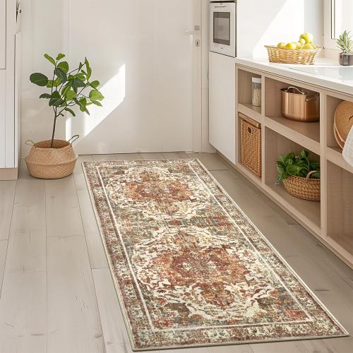 Size 2'x5' Color Khaki Boho Washable Kitchen Rug, Non-Slip Soft Low Pile Rugs Indoor for Entrance Bedroom Bathroom Living Room,Vintage Throw Hallway Carpet Stain Resistance (Khaki, 2x5ft)