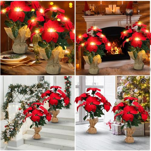 Christmas Decorations 20 Inch Pre-Lit Artificial Poinsettia Plant - 50 LED Lighted Faux Poinsettia Flowers Potted (Red,2 Pack)