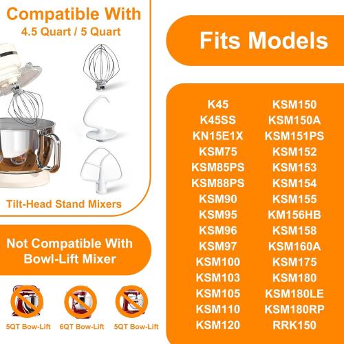 Funmit Mixers Accessories K45WW Wire Whip K45DH Dough Hook K45B Coated Flat Blade Paddle with Scraper Replacement for Kitchen Tilt-Head Aid Stand Mixer Attachments- Stainless Steel