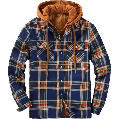 Size L...DOSLAVIDA Men's Flannel Shirt Jacket Quilted Lined Winter Coat Long Sleeve Button Dwon Shirt Warm Hooded Plaid Jacket Navy