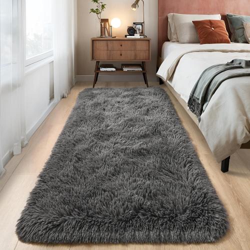 Fluffy Runner Rugs for Bedroom Aesthetic 2x6 Shag Soft Bedside Rug | Fuzzy Plush Carpet for Room Hallway Rug with Non-Slip Bottom for Nursery Dorm Indoor Home Decor, Dark Grey
