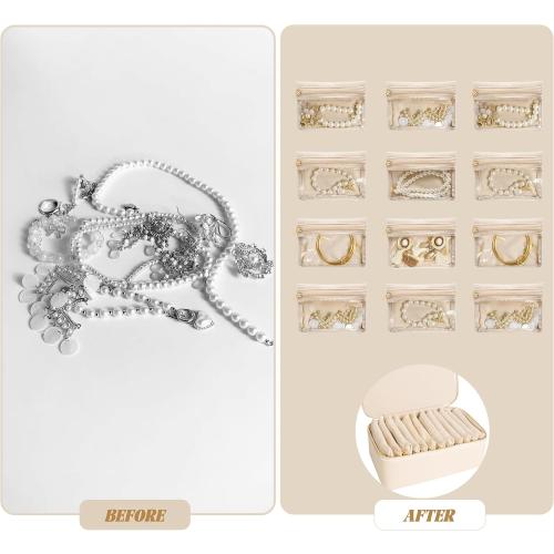 Travel Jewelry Case, Small Travel Jewelry Box with 12 Velvet Jewelry Bag Mini Pouch, Portable Travel Jewelry Organizer for Rings Earrings Necklaces (Beige 12 Pcs)