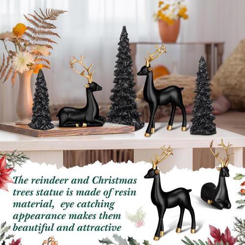 Pinkunn 5 Pcs Reindeer Christmas Decor and Trees Christmas Resin Sitting Standing Lucky Deer Reindeer Figurines for Tabletop Indoor Home Decorations Mantle Cabinet Desktop Office(Black)