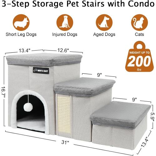 Dog Stairs for Bed Couch Folding with Storage, Dog Stairs for Small Dogs to Get On Bed with Cat Condo, Steps for Large Medium Dogs, Old Cat Pet Stair Steps for High Beds 17.2 H, Pet Ramp Up to 220LBS