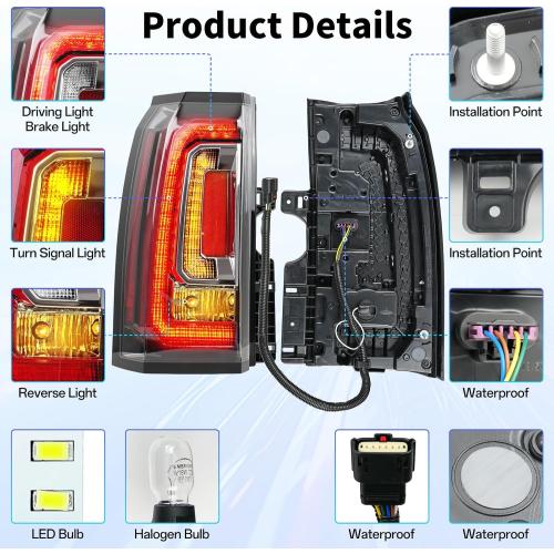 Pair LED Taillight Replacement for 2015-2020 GMC Yukon/Yukon XL Denali SLE SLT, Automotive Rear Light Assembly with Bulbs and Harness - OE Style Tail Lights Kit