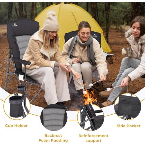 Camping Chairs for Adults, Adjustable Backrest Heavy Duty Oversized Folding Camping Chair Supports 350lbs for Outside with Cup Holder&Side Pocket, Outdoor Folding Camp Chair with High Back (Black)