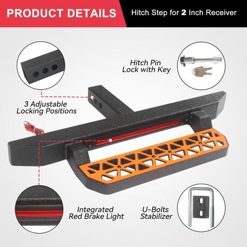Universal Trailer Hitch Step for 2 Inch Receiver w/LED Brake Light, Tow Drop Hitch Step Bar Rear Bumper Guard Protector with Pin Lock & U-Bolts Stabilizer for Pickup Truck Van RV SUV ATV Car