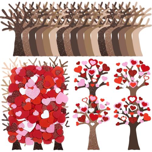 224 Pcs Heart Stickers Valentines Craft Kit Red Pink Foam Heart Shaped Tree Glitter Self Adhesive Stickers Valentines Classroom Gifts for Art Family Activity