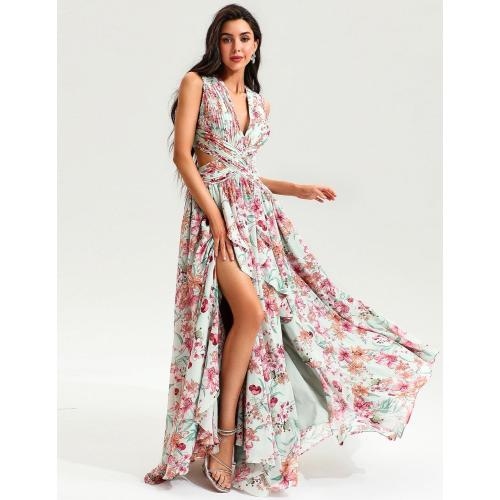 Size M Tsukko Maxi Flora Vacation Dress Sleeveless Backless Ruffle Pleated for Women Cutout Chiffon