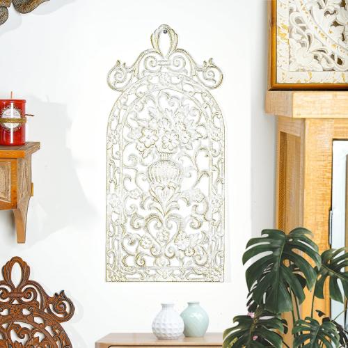 Sungmor Vintage Cast Iron Wall Plaque - Antique Style Carved Artwork, Decorative Metal Art Panel - Intricate Scroll and Floral Vase Design - Rustic Home & Garden Décor - 18 x 8, White