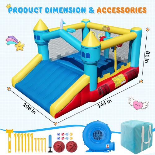 Bounce House, 6-in-1 Play Mode Inflatable Bounce House for Kids, High Elasticity Bouncy House with 480W Blower, Bouncy Castle with Wide Slide for Christmas, Birthday Parties