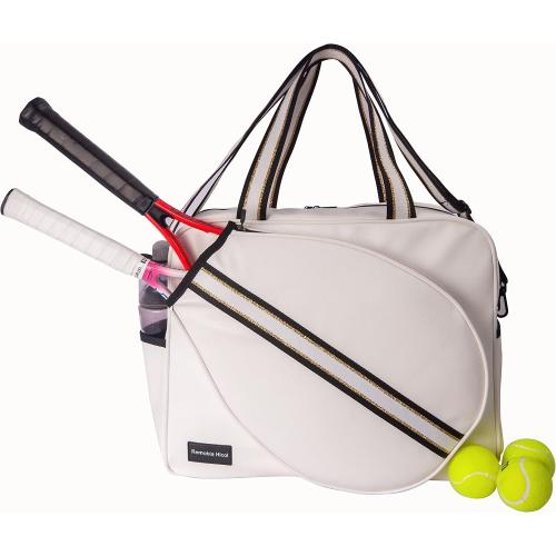 White PU Leather Women Large Sports Handbag Tennis Racket Shoulder Bag Tennis Tote Bag for 2 Rackets, with Water Bottle Holder