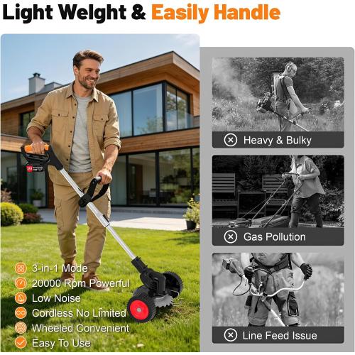 21V Electric Weed Wacker Cordless Weed Eater Battery Powered, String Trimmer Battery Operated 3-in-1 Lightweight Grass Trimmer/Brush Cutter/Lawn Edger with Wheels & Metal Blade for Yard and Garden