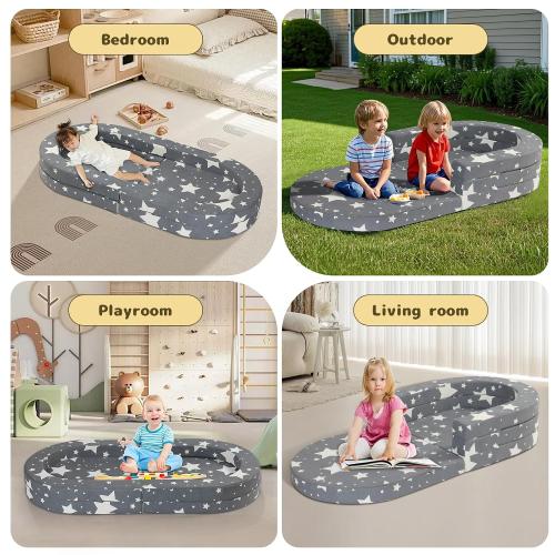 Color Grey and stars Travel Toddler Bed, 3-in-1 Portable Foldable Toddler Chair,Soft Foam Floor Bed Lounger with Washable Cover,Star