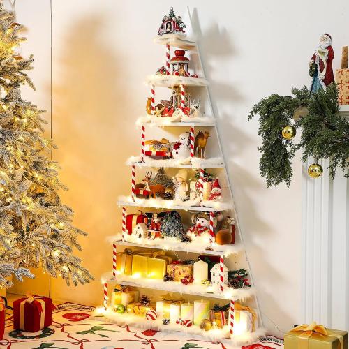 8 Tier Christmas Village Display Shelves 5.2ft Large Christmas Tree Corner Shelf a Shaped Bookcase with 8 Pcs Artificial Snow Blanket LED String Light Xmas Display Stand for Holiday