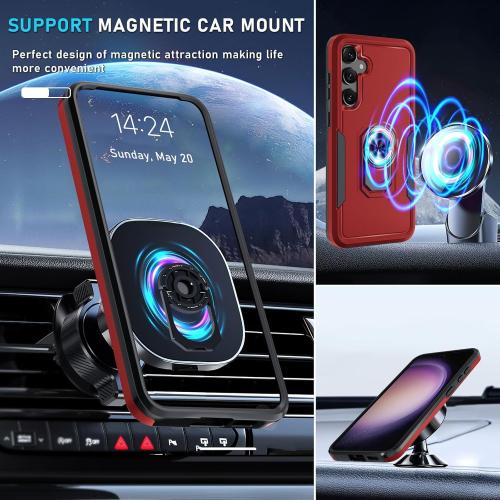 Compatible with Samsung Galaxy S24/S25 Case with Screen Protector Tempered Glass,Heavy Duty Shockproof Full Body Phone Cover Built in Metal Ring Holder Kickstand,2025 Red