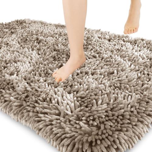 Yimobra Chenille Bathroom Rugs Non Slip, Extra Thick Soft Absorbent Bath Rug Medium Machine Washable Quick Dry Bath Mat for Bathroom Floor, Tub and Shower, Home Decor Accessories, Camel