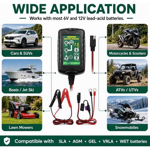 Unocho 6V/12V Battery Charger Maintainer 1.5A Automatic Trickle Charger Smart Float Charger for Car Motorcycle Lawn Mower Boat ATV Snowmobile Lead-Acid AGM GEL SLA VRLA WET Batteries