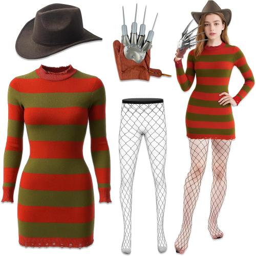 Unisex Halloween Costume for Women Adult Scary Killer Knitted Striped Dress with Brown Hat Glove and Mesh Stockings Cosplay