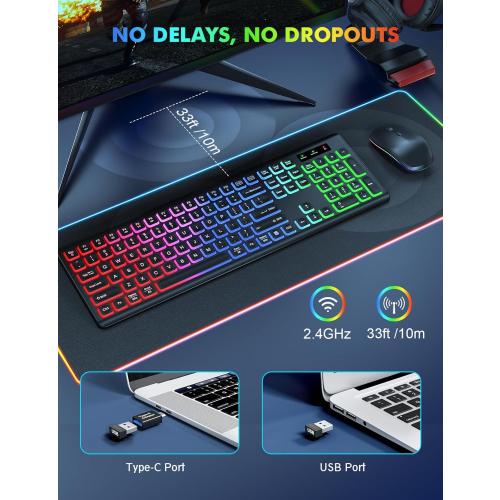 Wireless Keyboard - RGB Backlit, Rechargeable & Light Up Letters, Full-Size, Ergonomic Tilt Angle, Sleep Mode, 2.4GHz Quiet Keyboard for Mac, Windows, Laptop, PC - missing mouse