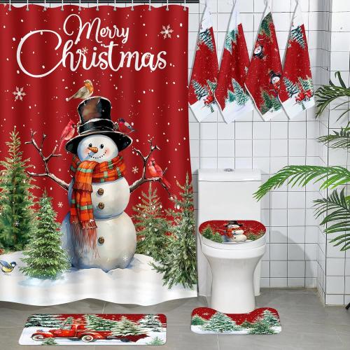 Vesici 7 Pcs Christmas Shower Curtain Set Merry Christmas Bathroom Curtain Non Slip U Shape Rugs Toilet Seat Cover Mat and 3 Towels Waterproof Watercolor Xmas Winter Bathroom Accessories