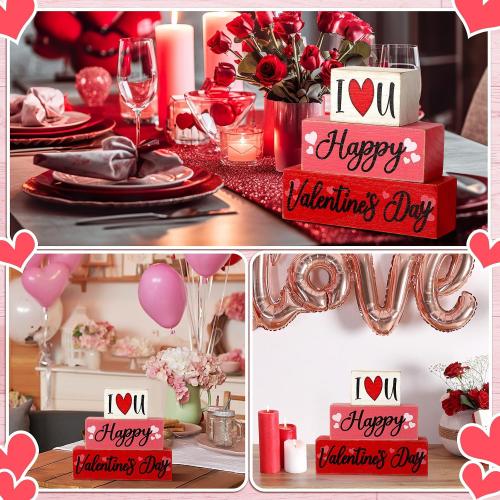 Huquary 3 Pcs Farmhouse Valentine's Day Tiered Tray Decor Table Sign Pink Theme Wood Decorations Valentine's Day Centerpiece Decor for Party Gift Desk (Fresh Style)
