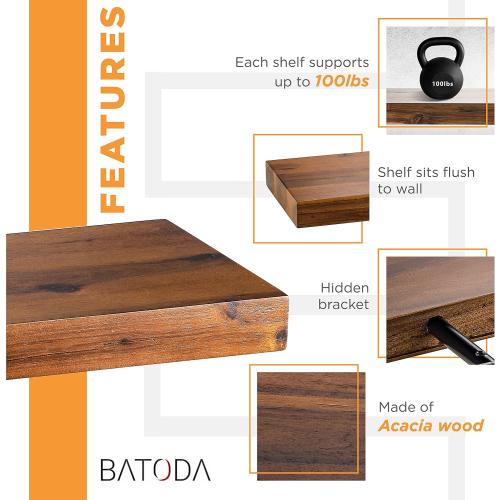 BATODA Set of 2 24 Acacia Wood Floating Shelves Wall Mounted – Rustic Farmhouse Wooden Wall Storage Shelf for Bedroom, Kitchen, Home Décor - Brackets and Shelving Hardware Included