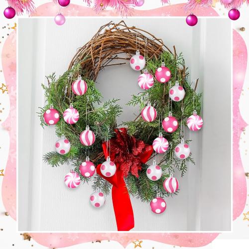 Lenwen 54 Pcs Christmas Balls Ornaments Mini Pink and White Christmas Tree Ornaments Xmas Striped Dots Shatterproof Plastic Hanging Ornaments for Tree Holiday Party Christmas Decorations, 1.18inch