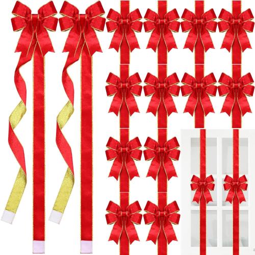 XunYee 15 Pcs Glitter Large Christmas Cabinet Ribbons Bows Thick Velvet Festive Xmas Bow Edge Burlap Door Decoration for Christmas Tree Fireplace Kitchen Gift Wrapping(Red)
