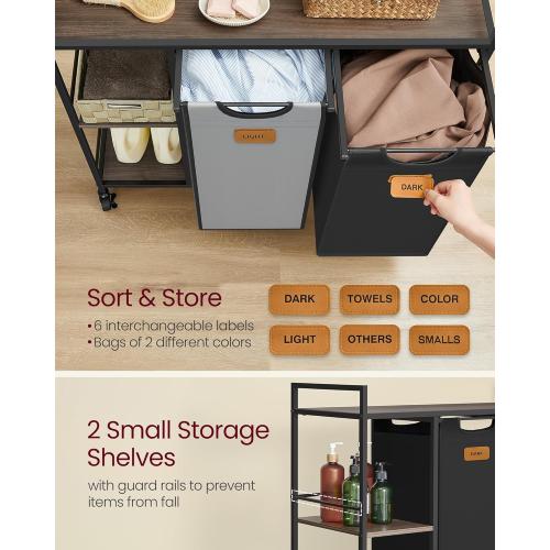 VASAGLE Laundry Hamper with 2 Compartments, 26.4 Gal. (100 L) Laundry Sorter, Rolling Laundry Cart with Shelves, Removable Liners, 6 Labels, Chestnut Brown, Ink Black and Dove Gray UBLH311B02