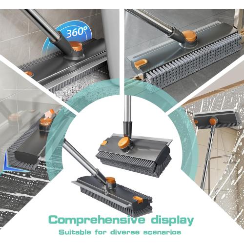 Floor Scrubbing Brush with Squeegee,2 in 1 Grout Brush with 54 Adjustable Long Handle,V-Shape Stiff Brush Bristle,360°Rotation,Bathroom Cleaning Brush for Tile,Deck,Garage,Kitchen,Swimming Pool,Grey