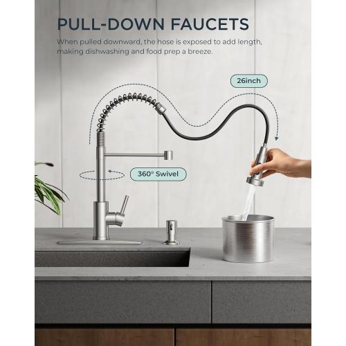 FORIOUS Kitchen Faucets, Brushed Nickel Kitchen Sink Faucet with Pull Down Sprayer, Commercial Kitchen Faucet Stainless Steel, Classic Single Handle Pull Out Sink Faucets for RV Laundry Utility Room