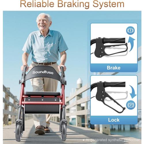 SOUNDFUSE Rollator Walkers for Seniors with Seat, Foldable Lightweight Rolling Walker with 8 Big PU Wheels, Ergonomic Seat, Dual Height Adjustment