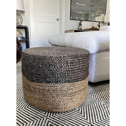 S & L Homes Pouf Ottoman - 100% Jute Braided Footrest Pouf Hand Knitted Traditional Cord Boho Pouffe for Living Room, Bedroom, Nursery, Patio, Lounge Colorblock - Natural Brown (20”x20”x10”)