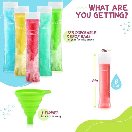 125 Disposable Ice Popsicle Mold Bags| BPA Free Freezer Tubes With Zip Seals | For Healthy Snacks, Yogurt Sticks, Juice & Fruit Smoothies, Ice Candy Pops| Comes With A Funnel (8x2)