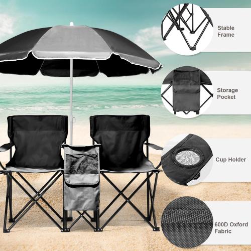 Portable Outdoor 2-Seat Folding Chair Plus Movable Sun Umbrella Black