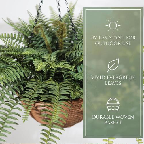 Artificial Boston Ferns Hanging Plants 2 Pack Fake Hanging Plants for Outdoors, UV Resistant Outdoor Hanging Faux Ferns Plants for Front Porch Indoor Décor