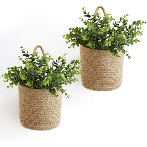 Dahey 2 Pack Wall Hanging Rope Basket (6.5W×7H) with Artificial Eucalyptus, Jute Woven Storage Organizer Flower Plants Basket Farmhouse Rustic Wall Decor for Porch Living Room Bedroom Entryway,Brown