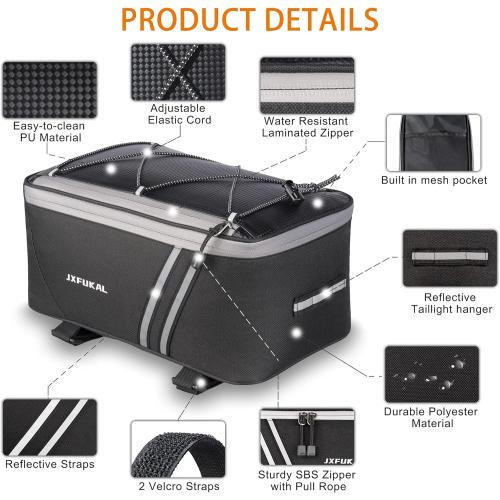 JXFUKAL Rear Bike Rack Bag with Rain Cover, 7L/9L/10L/12L Waterproof Bicycle Ebike Saddle Bag Cycling Pannier Trunk Carrier with Reflector & Adjustable Cord for Commuter Travel Outdoor
