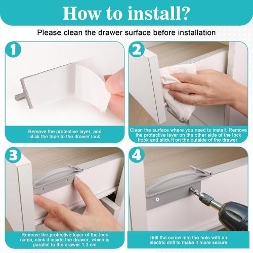 Coolrunner Thickened Version Child Safety Drawer Locks, 8 Pack Safety Invisible Drawer Latches with Strong Adhesive and Screw for Baby Care, Only fit for Some Drawers, Please See Below Before Buying