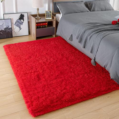 Amearea Premium Soft Fluffy Area Rug Modern Shag Carpet, 3x5 Feet, Fuzzy Shaggy Rugs for Bedroom Living Room Teen Apartment Decor, Comfortable Indoor Furry Dorm Carpets, Red