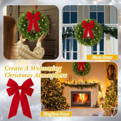 2 Pack 22 Inch Pre-Lit Christmas Wreath Norfolk Pine Wreath with Velvet Bow and Bells Realistic Greenery Holiday Decoration for Front Door Indoor Outdoor Christmas Decor (Red)