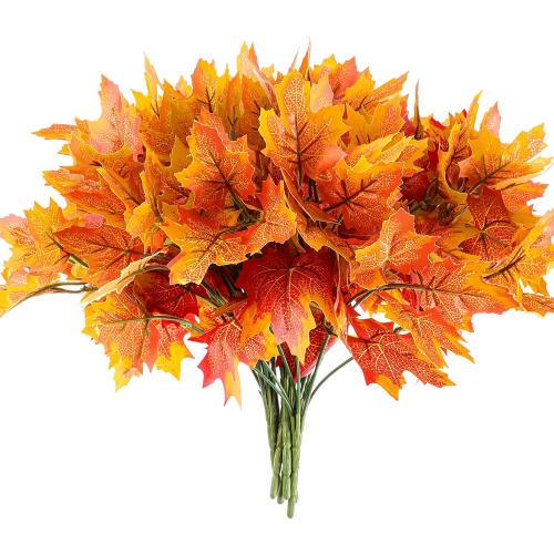 BBTO 6 Pcs Artificial Maple Leaves 7 Branches Fall Stems Decor,Orange