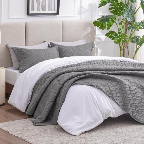 Love's cabin Quilts for Queen Bed Grey Bedspreads Bedding Set - Summer Lightweight Bedspread Comforter - Wave Pattern Bedding Coverlet for All Season - 3 Pieces (1 Quilt, 2 Pillow Shams)