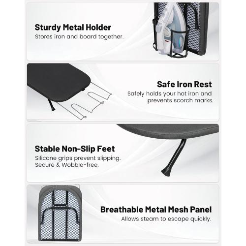 ZOES HOMEWARE Metal Mesh Panel Tabletop Ironing Board with Iron Holder & Rest, Small Tabletop Ironing Board, Compact Mini Iron Board with 8mm Thicken 100% Cotton Pad, 32x12x4.8