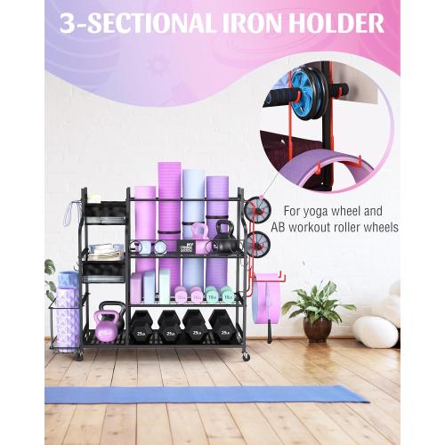 Mythinglogic Home Gym Storage Rack with Wheels for Dumbbells and Yoga Mats | Versatile storage with shelves, hooks and side holders for kettlebells, foam rollers, bands, weight plates and gym gear
